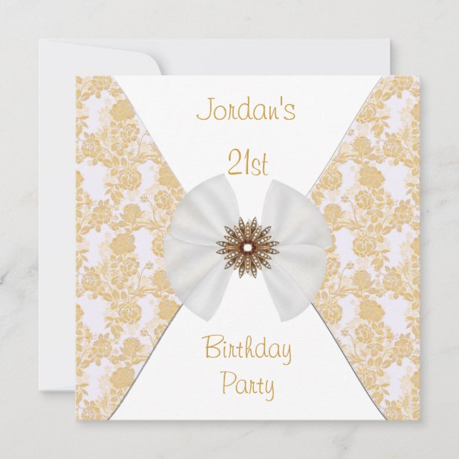 Floral Brown Gold White Bow 21st Birthday Party Invitation (Front)