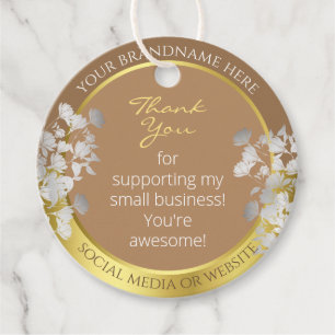 Floral Brown & Gold with Silver Flowers Thank You Favour Tags