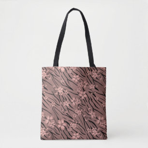 Floral, brown, tiger pattern tote bag