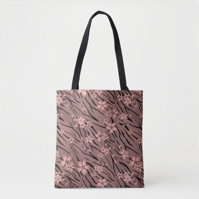 Floral, brown, tiger pattern tote bag (Front)