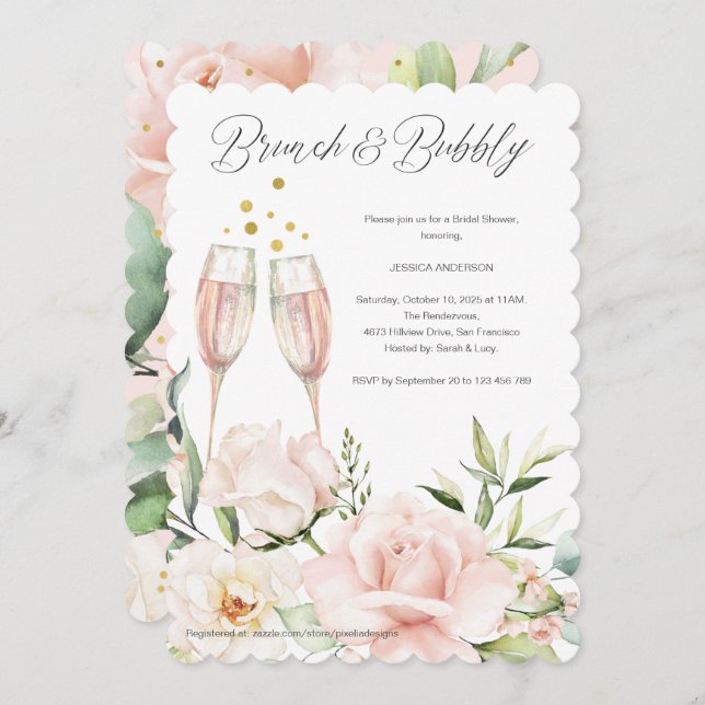Floral Brunch and bubbly blush pink chic mimosa In Invitation (Front/Back)