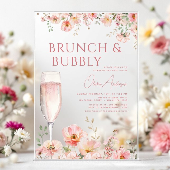 Floral Brunch and Bubbly Champagne Bridal Shower Acrylic Invitations (Creator Uploaded)