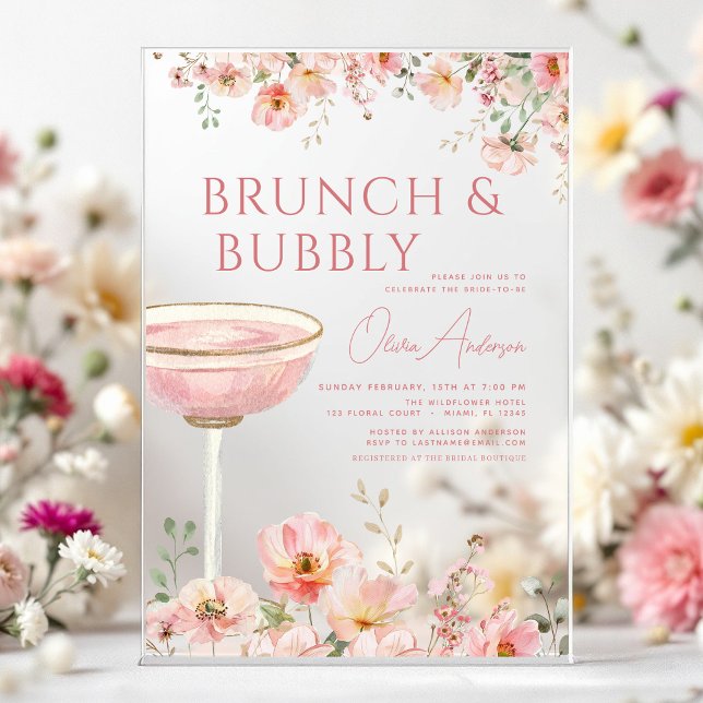 Floral Brunch and Bubbly Champagne Bridal Shower Acrylic Invitations (Creator Uploaded)