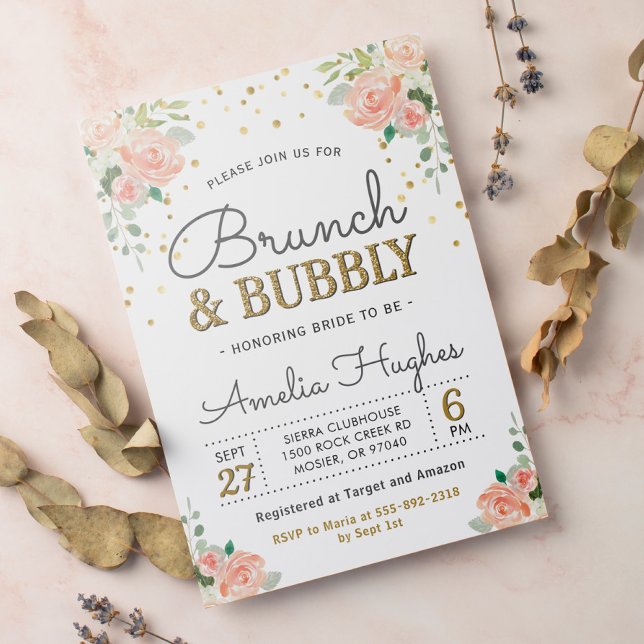 Floral Brunch and Bubbly Peony Gold Bridal Shower Invitation (Creator Uploaded)