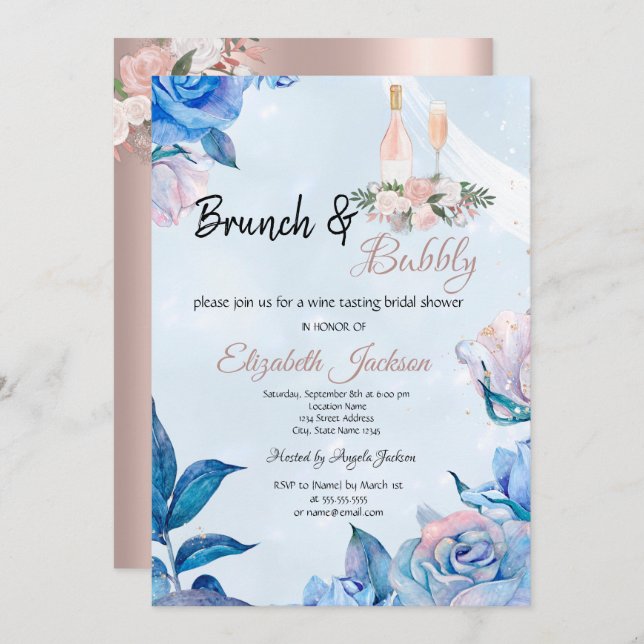 Floral Brunch & Bubbly Blue Bridal Shower  Invitation (Front/Back)