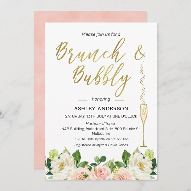 Floral Brunch Bubbly Bridal Shower Invitation (Front/Back)