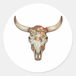 Floral Brushstroke Western Cow Skull Flower Cowboy Classic Round Sticker
