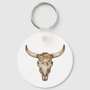 Floral Brushstroke Western Cow Skull Flower Cowboy Key Ring