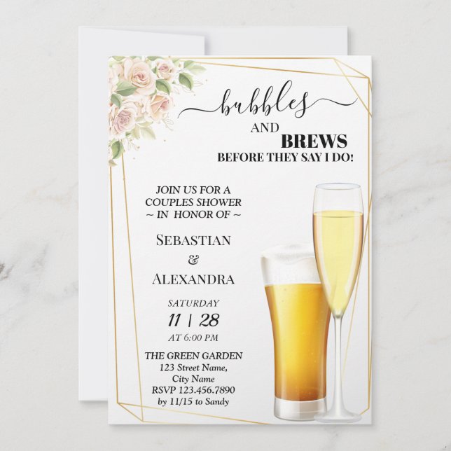 Floral Bubbles and Brews Couples Shower Invitation (Front)