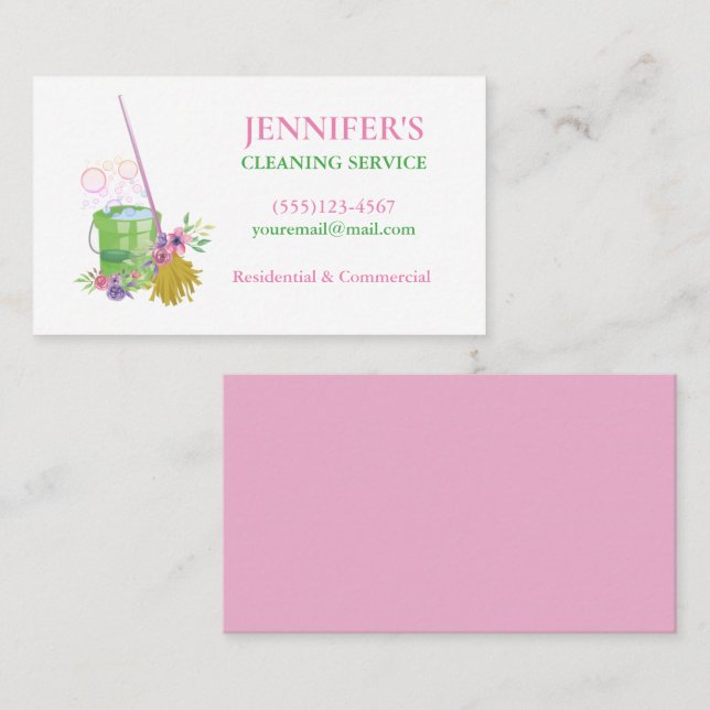 Floral Bucket & Mop House Cleaning Service Business Card (Front/Back)