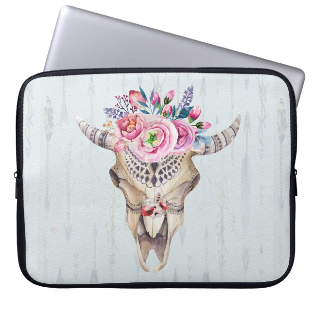 Floral Bull Skull Over Light Blue Background Laptop Sleeve (Front)