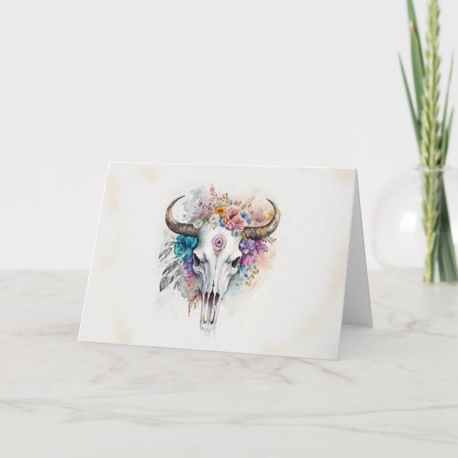 Floral Bull Skull Watercolor Art Card (Front)