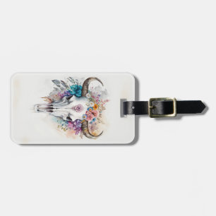 Floral Bull Skull Watercolor Art Luggage Tag