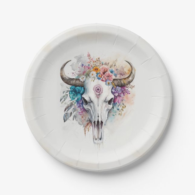 Floral Bull Skull Watercolor Art Paper Plate (Front)