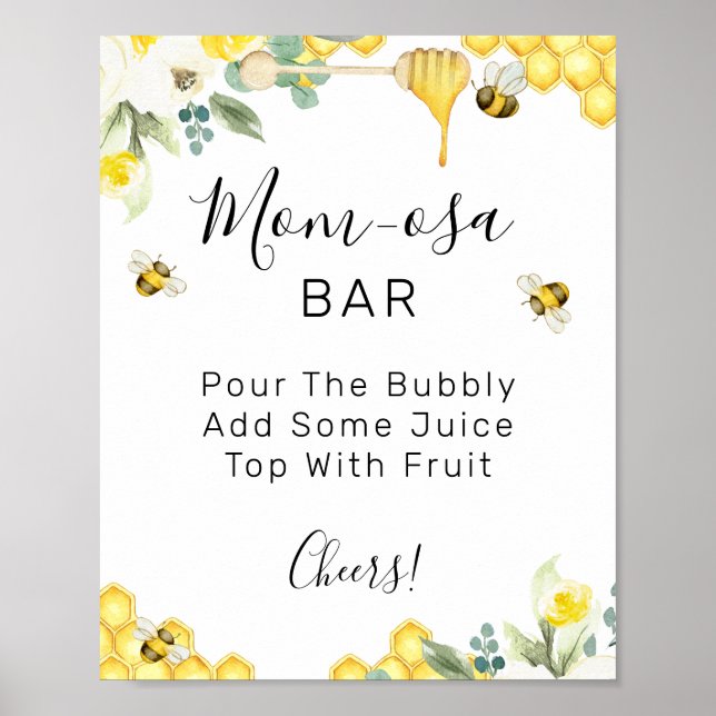 Floral Bumble Bee Baby Shower Mom-osa Bar Sign (Front)
