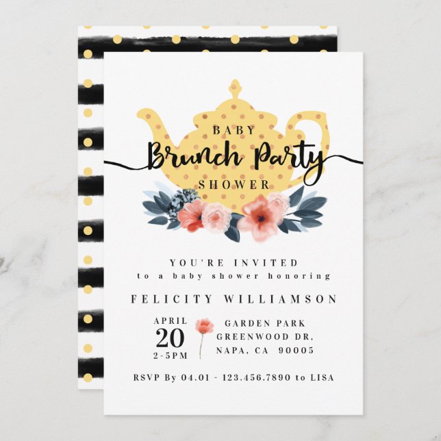 Floral Bunch Tea Party Yellow Baby Shower Invitation (Front/Back)