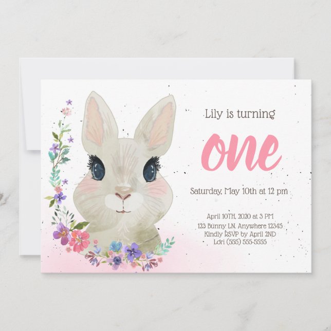 Floral Bunny Birthday Party Invitation | Easter (Front)