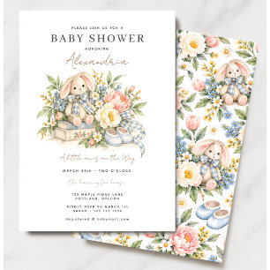 Floral Bunny Blue Bow Baby Shower Invitation