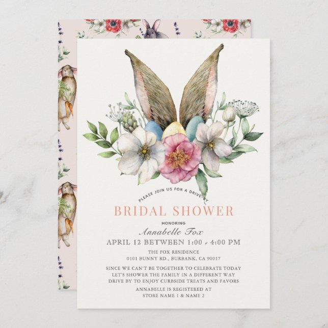 Floral Bunny Ear Drive-by Bridal Shower Invitation (Front/Back)
