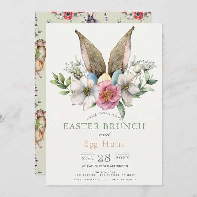 Floral Bunny Ear Easter Brunch & Egg Hunt Invitation (Front/Back)
