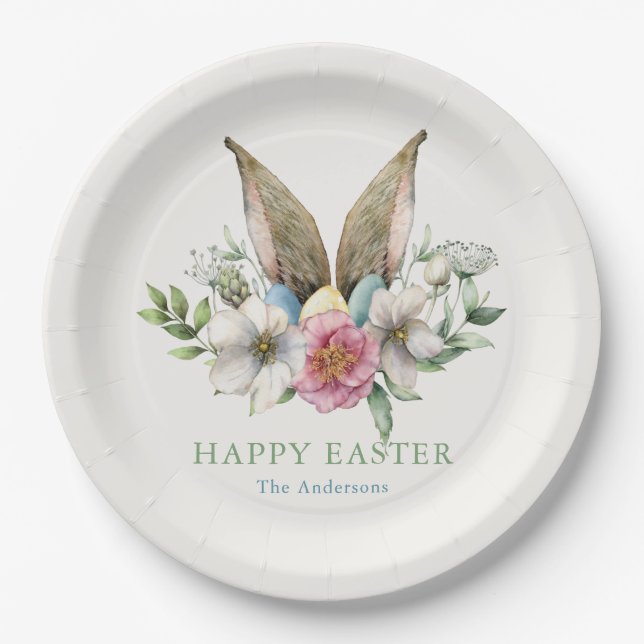 Floral Bunny Ear Happy Easter Paper Plate (Front)