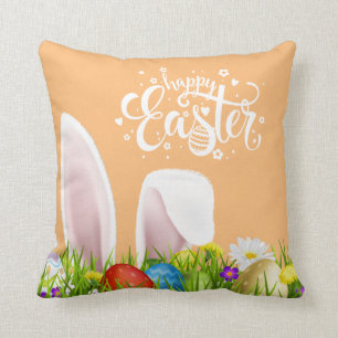 Floral Bunny Ears Happy Easter   Throw Pillow
