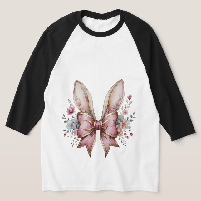 Floral Bunny Ears with Pink Bow – Elegant Chinoise T-Shirt (Laydown)