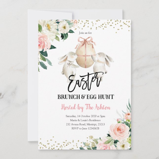 Floral Bunny Easter Brunch and Egg Hunt Invitation (Front)