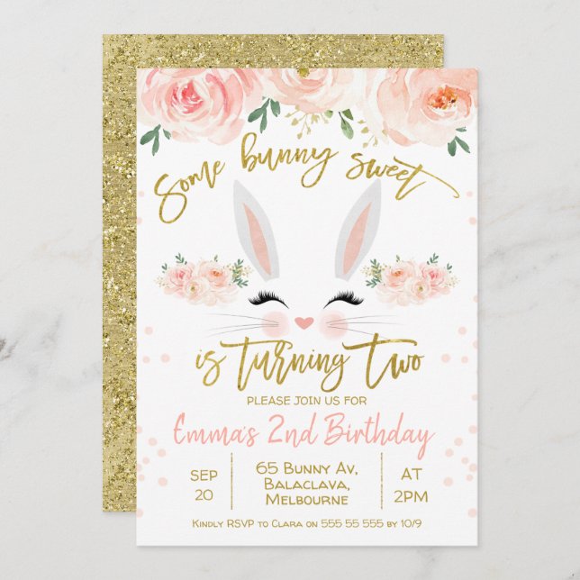 Floral bunny face 2nd Birthday Invitation (Front/Back)