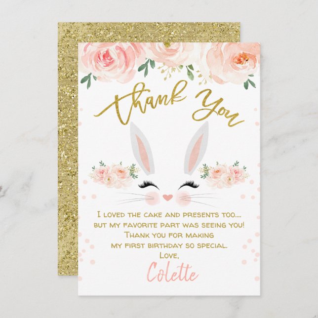 Floral bunny face birthday thank you card (Front/Back)