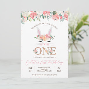 Floral Bunny Face Some Bunny 1st Birthday Invitation