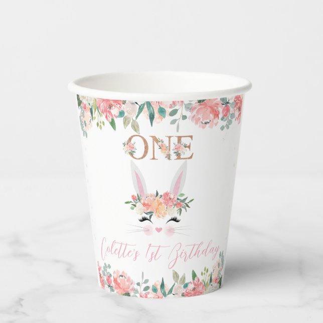 Floral Bunny Face Some Bunny 1st Birthday Paper Cups (Front)