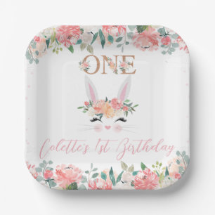Floral Bunny Face Some Bunny 1st Birthday Paper Plate