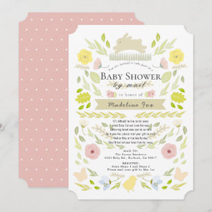 Floral Bunny Foliage Pink Girl Baby Shower by Mail Invitation