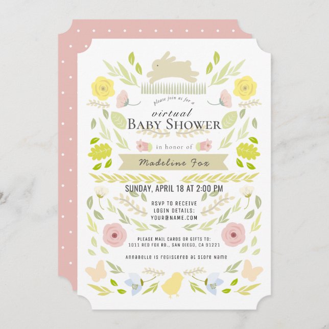 Floral Bunny Foliage Pink Virtual Baby Shower Invitation (Front/Back)