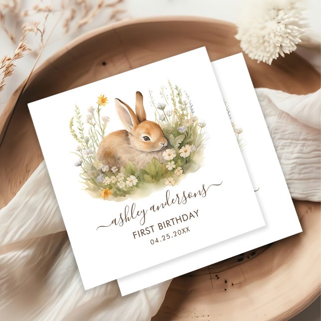 Floral Bunny Girl's Spring 1st Birthday Napkin (Creator Uploaded)