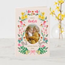 Floral Bunny Happy Easter Family Photo Card