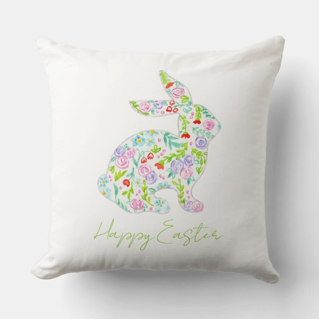 Floral Bunny HAPPY EASTER Spring Colourful Fun Cushion (Front)
