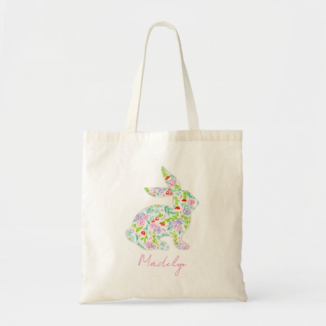 Floral Bunny HAPPY EASTER Spring Colourful Fun Tote Bag (Front)
