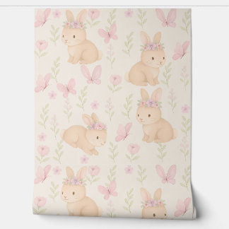 Floral Bunny Nursery Wallpaper – Soft Pink 