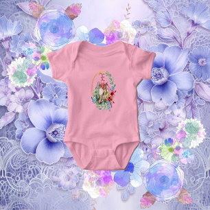 Floral Bunny Painting Egg Monogram Custom Name  Baby Bodysuit