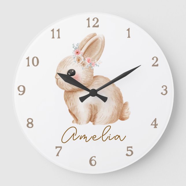 Floral Bunny Personalized Nursery Wall Clock Custo (Front)