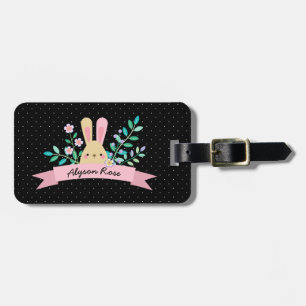 Floral Bunny   Pink & Black   Custom Name Luggage Tag