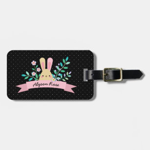 Floral Bunny   Pink & Black   Custom Name Luggage Tag
