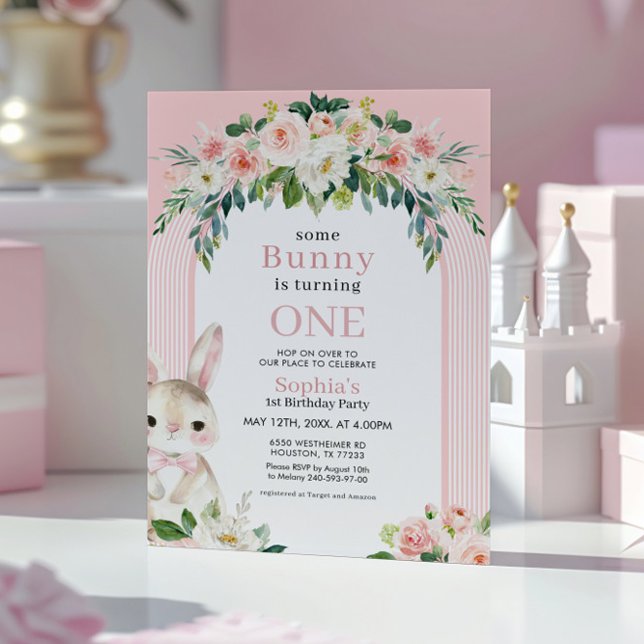 Floral Bunny Rabbit 1st Birthday Invitation (Creator Uploaded)