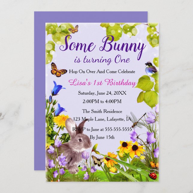 Floral Bunny Rabbit 1st Birthday Invitation (Front/Back)