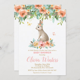 Floral Bunny Rabbit Baby Shower Woodland Baby Girl Invitation