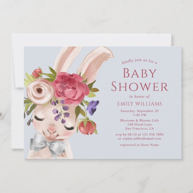 Floral Bunny Rabbit Watercolor Cute Baby Shower Invitation (Front)