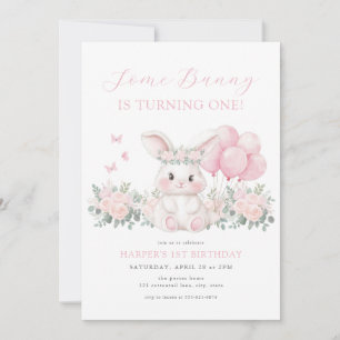 Floral Bunny Spring Girl Pink Bunny First Birthday Invitation