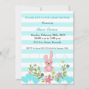 Floral Bunny white & blue teal stripes baby shower Invitation